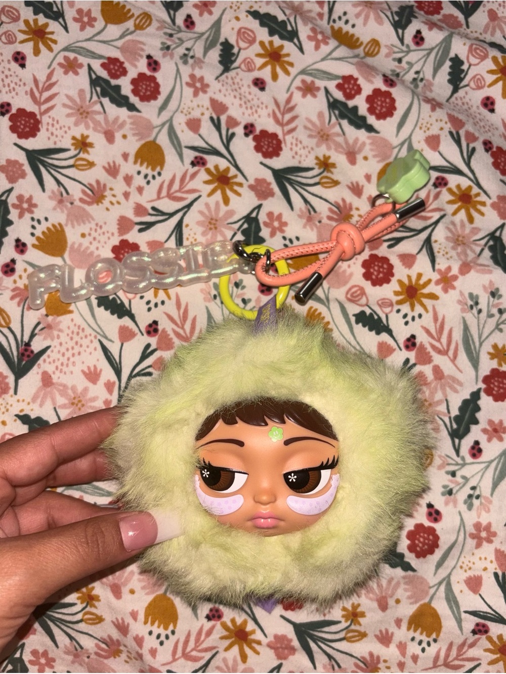 Daise* Doll Face Keychain - Lime Green Fuzzy Face Accessory